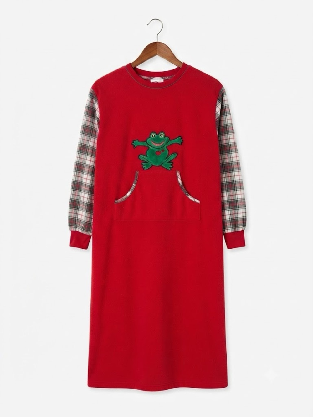 Vintage YIKES Sleepwear Robe Nightgown Frog Applique Plaid Long Sleeve